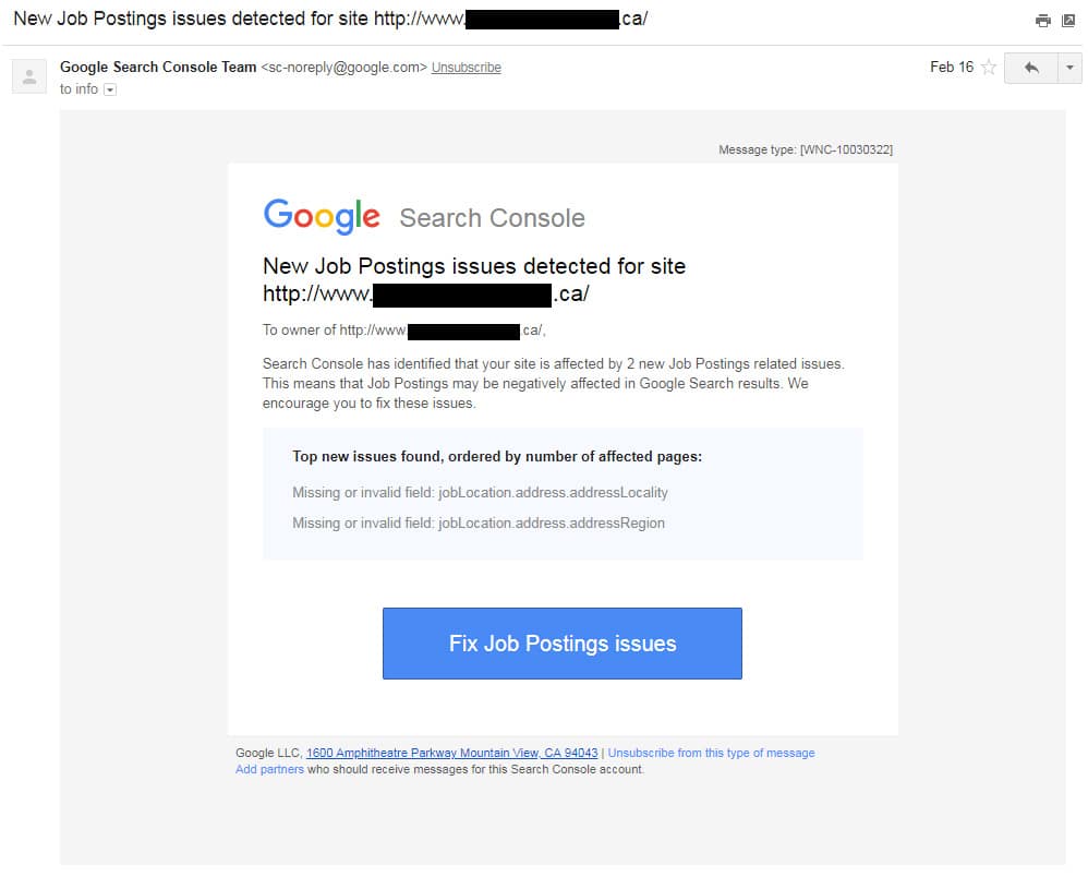 Courriel de notification de la Google Search Console